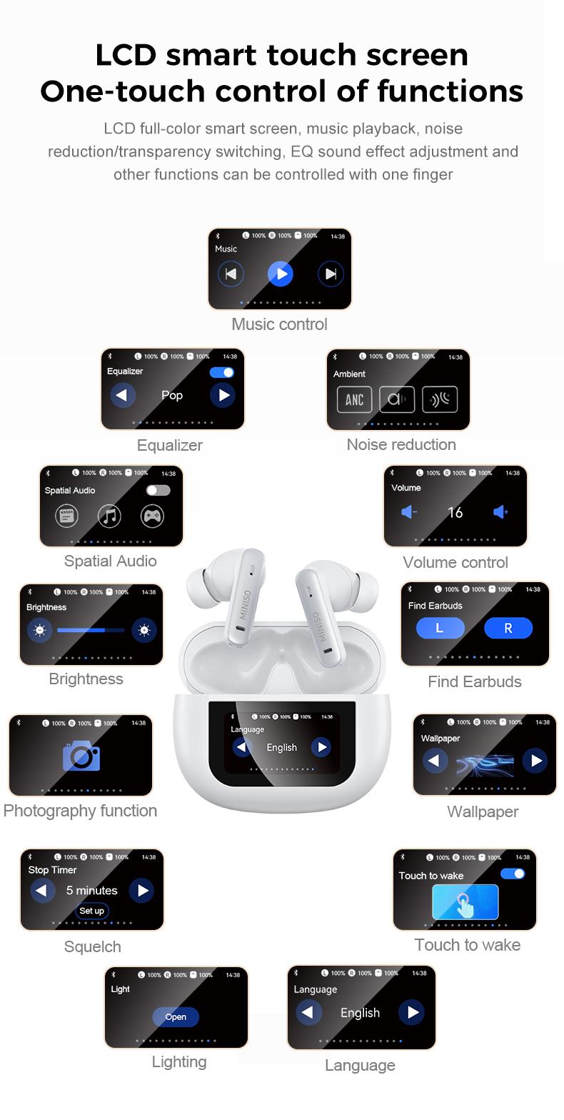 MINISO X25 TWS Bluetooth Headphones,Earbuds with Full Color Display, ANC Noise Cancelling , in-Ear Earphone for iPhone Andriod Sport/Workout/Running Audio