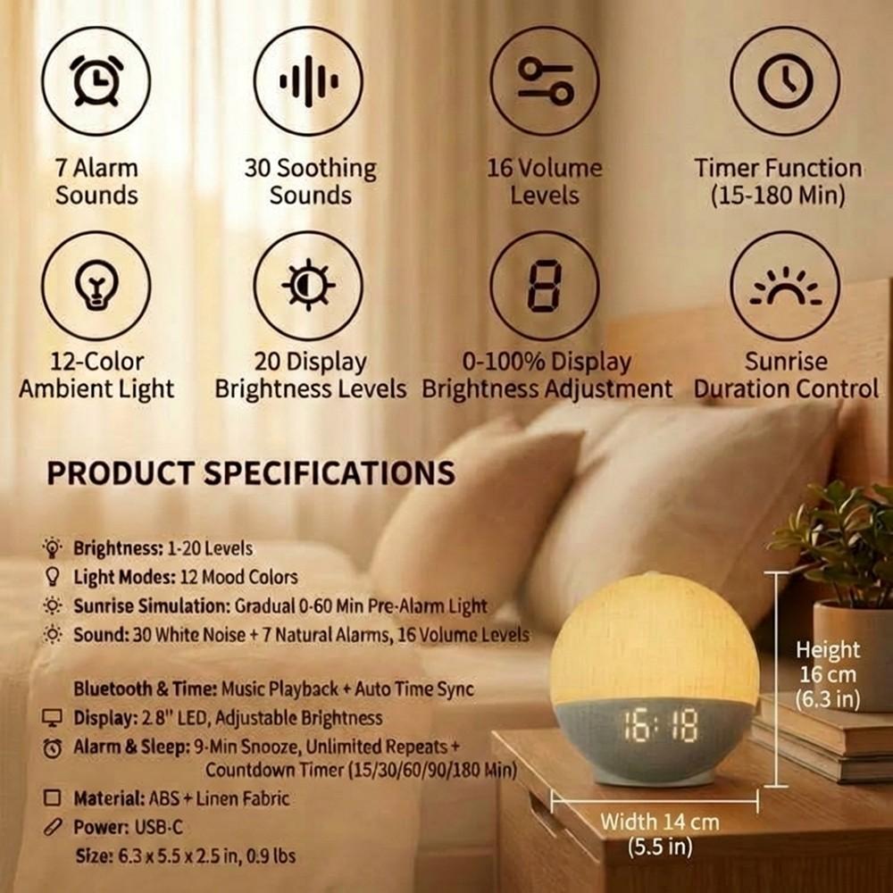Sunrise Multifunctional Alarm Clock with White Noise Machine, Bluetooth Speaker, Color Changing Night Light, Fabric Cover, for Bedroom – Perfect Gift for Adults and Kids, Sleep Aid & Home Decor