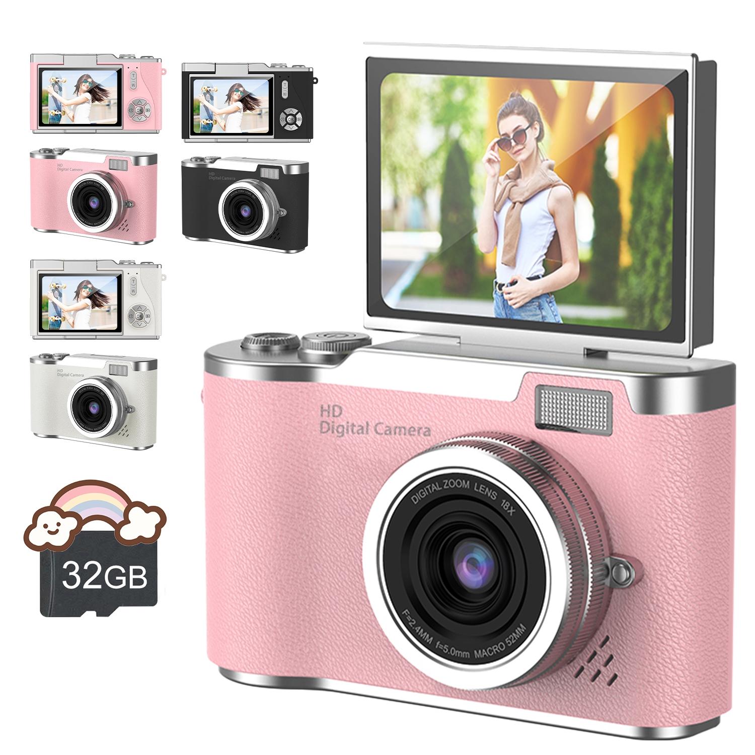 Portable Digital Cam, Student Camera, Compact Pocket Camera, 180° Degree Flip Screen Camera For Women, Entry-Level 1080P Pink Camera With 32GB Memory Card, Video Vlog, Photography, Birthday, Christmas New Year Gift