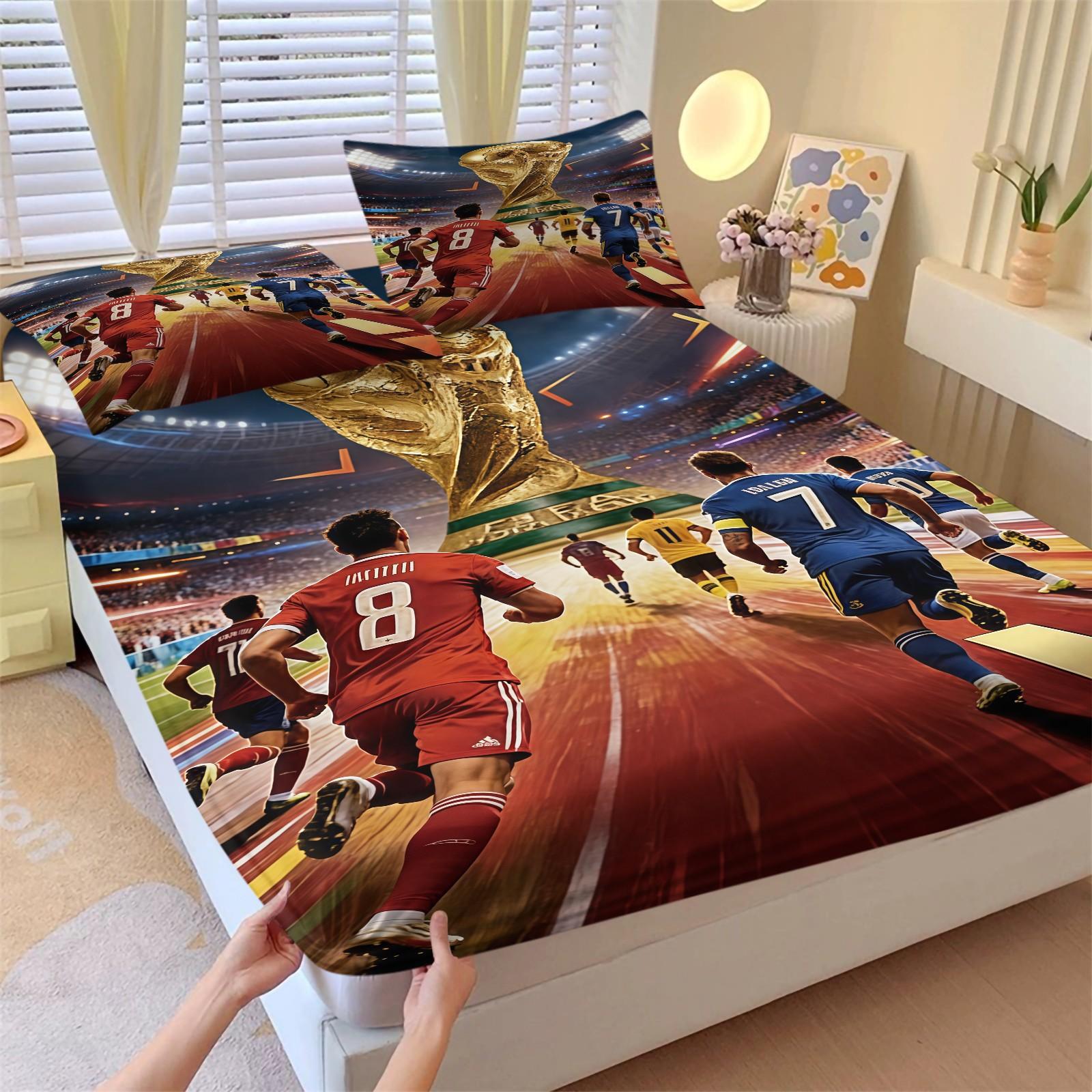 3-Piece World Cup Pattern Fitted Sheet Set, Soft And Durable Bedding Set, Including 1 Piece Flat Sheet And 2 Pieces Pillowcases, Daily Holiday Birthday Gift Bedroom Decorations For Kids And Adults