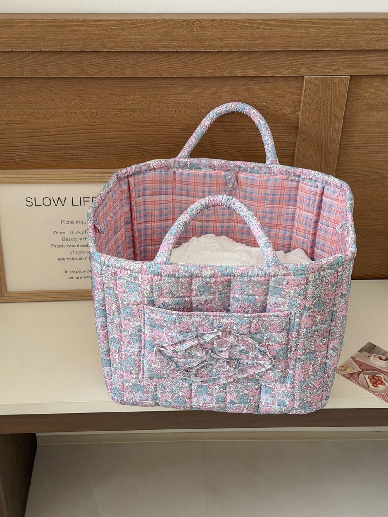 Large capacity floral quilted storage basket with plaid lining and multi-purpose organizer to store makeup, toiletries and daily essentials, perfect for bedrooms, bathrooms, offices and travel