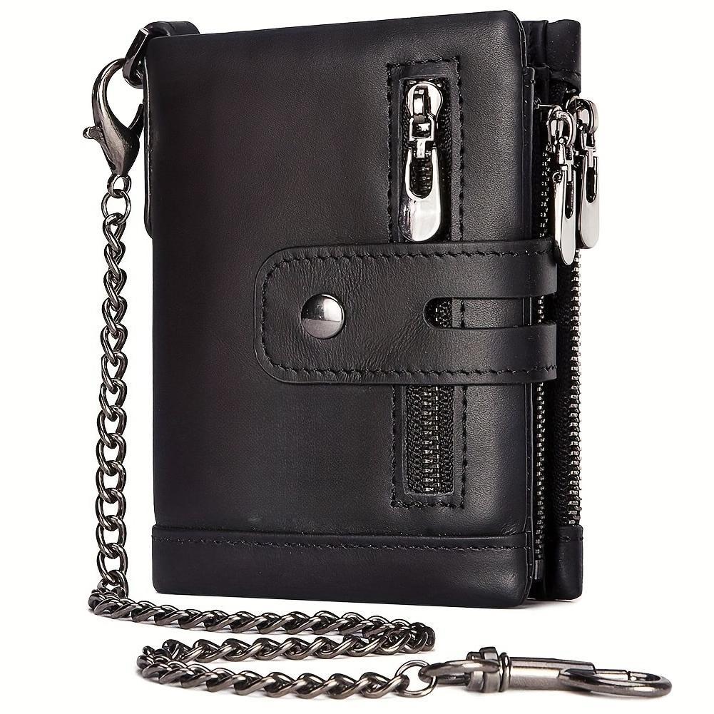 Genuine leather chain wallet for men, RFID-blocking short wallet, double zipper card holder, anti-theft coin pocket, ideal gift for men