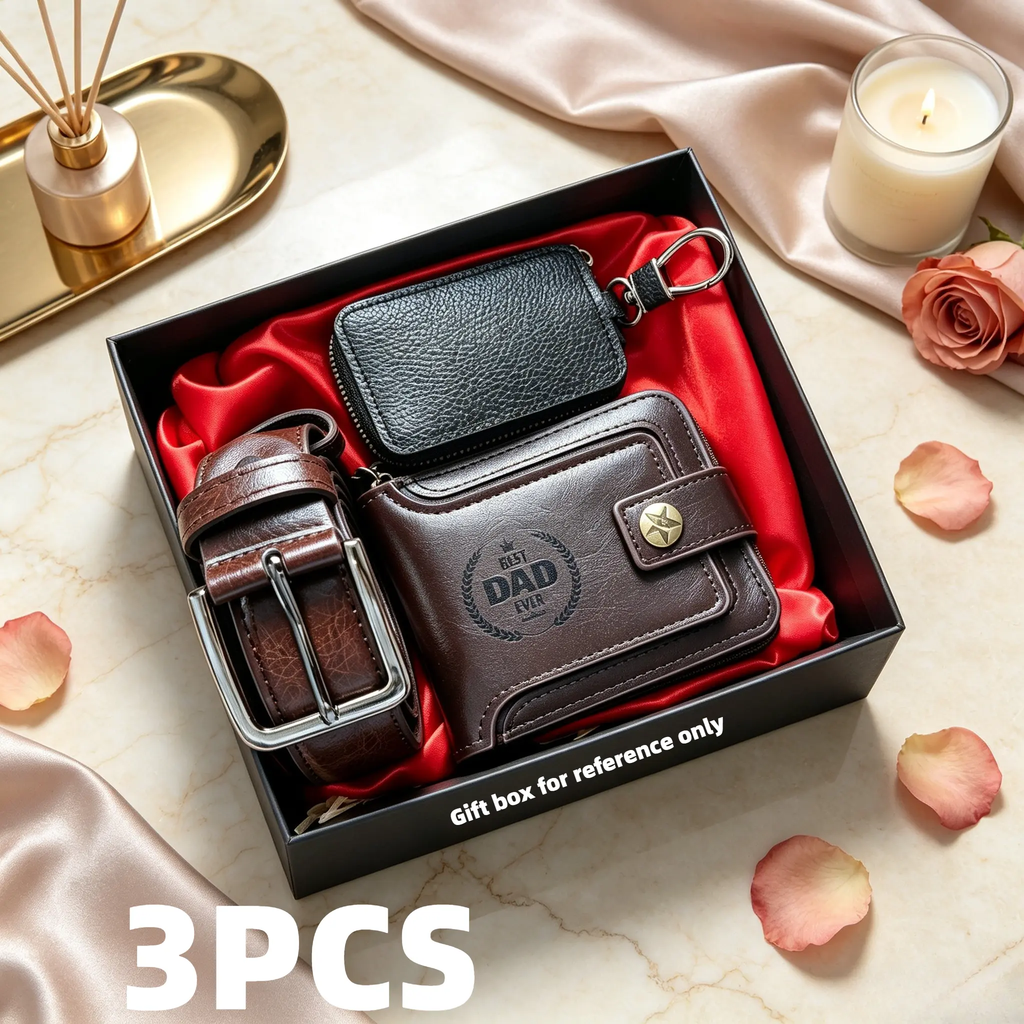 Men's 3-Piece Retro Custom Gifts Set - Faux Leather Engraved Design Wallet with Laurel Wreath, Multiple Slots, Custom Engrave, Adjustable Belt, Snap Closure, Father's Day Text for Dad, Engraved Design Men's Wallets