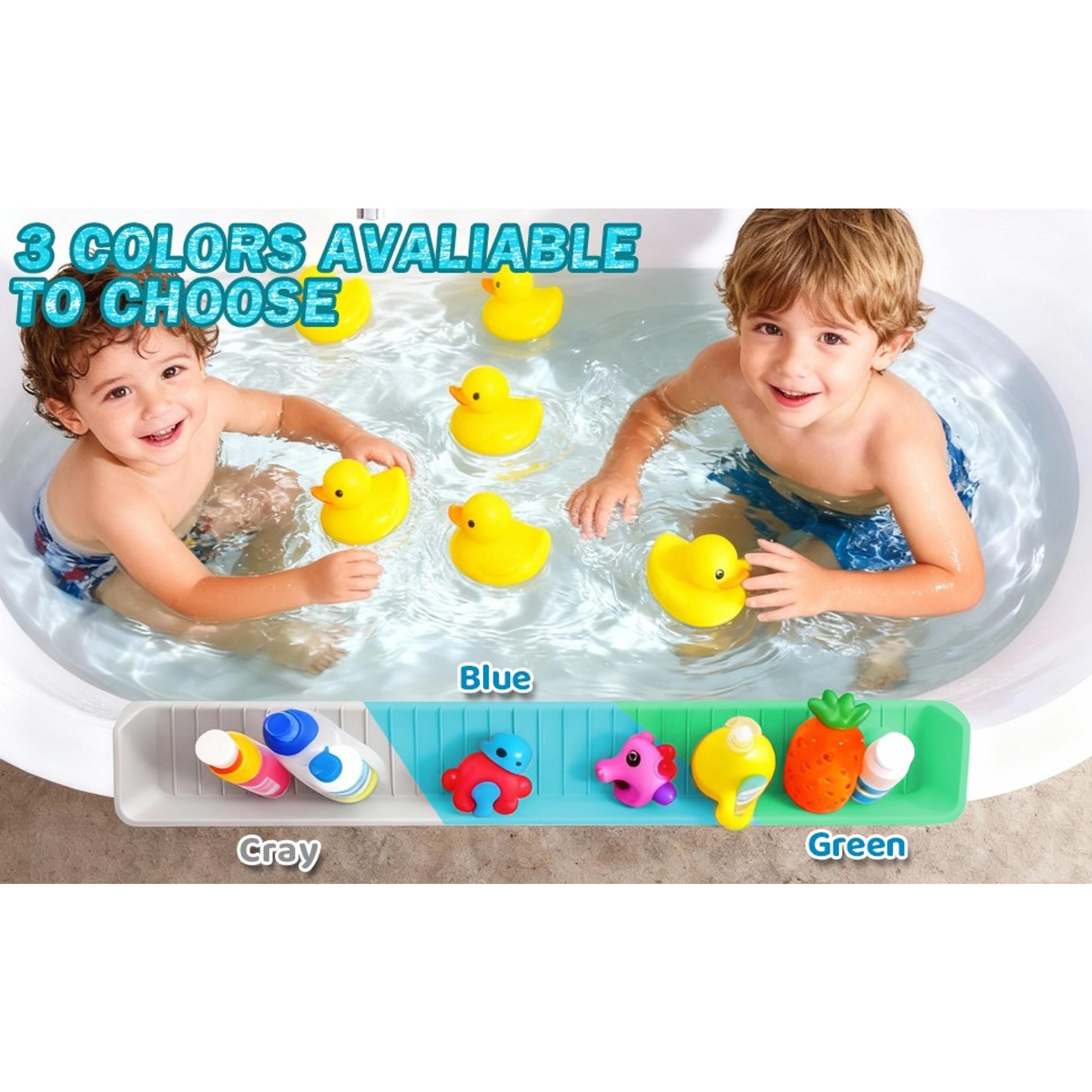 31" Extra Long Flexible Silicone Bathtub Splash Guard, Functional Bath Accessory with Organiser, Toy Tray & Caddy Holder for Kids, Prevents Water Spills & Messy Floors, Grey Tub Edge Guard, Play Shelf