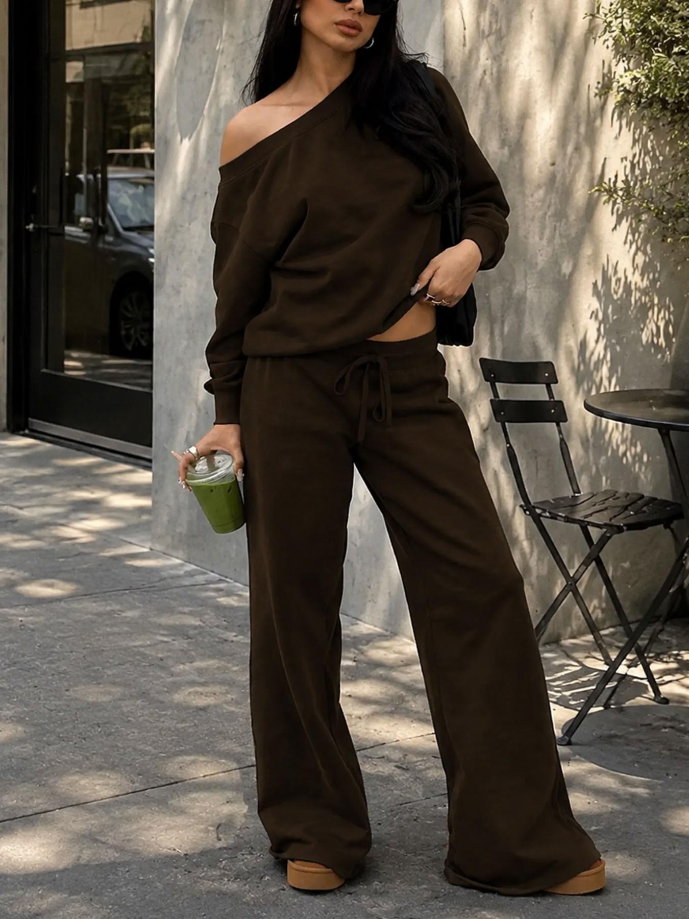 Casual Two-Piece Set, Long Sleeve Asymmetrical Top + High-Waist Drawstring Wide-Leg Pants, Slimming Loose Fit for Women