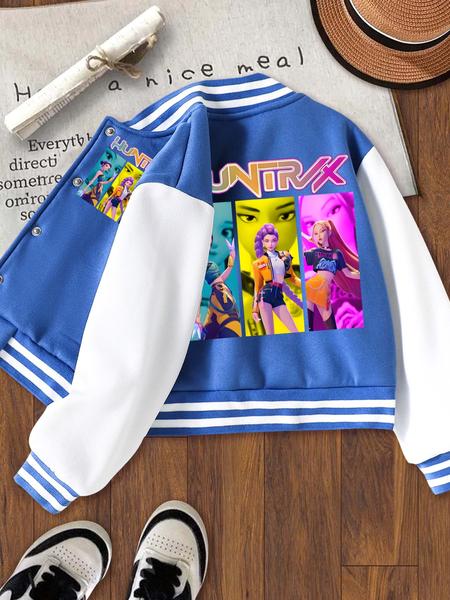Girls' Halloween Christmas Short Baseball Jacket Coat, Casual Sports School Uniform, Elastic Fabric, Youth Fashion Outerwear, Fashion Fit Jacket