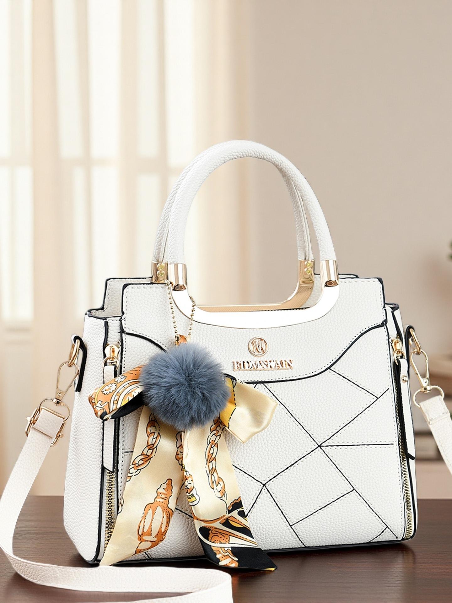 Large Capacity Women's Handbag, Stylish Durable Satchel for Daily Use, Elegant Plush Pendant, Available in Multiple Colors