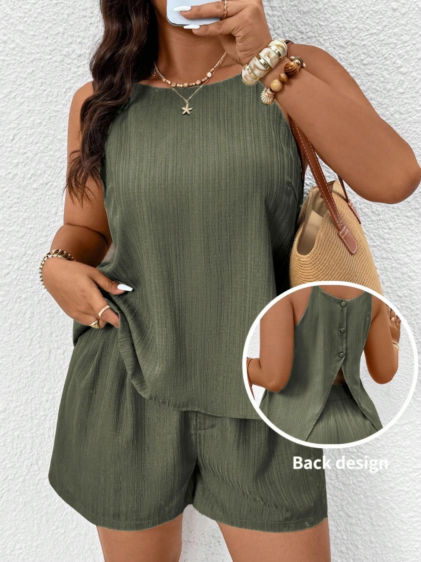 Plus Size Women's Textured Two-Piece Set, Sleeveless Cami Tank Top and Pocket Shorts, Comfortable Casual Everyday Daily Wear Clothes