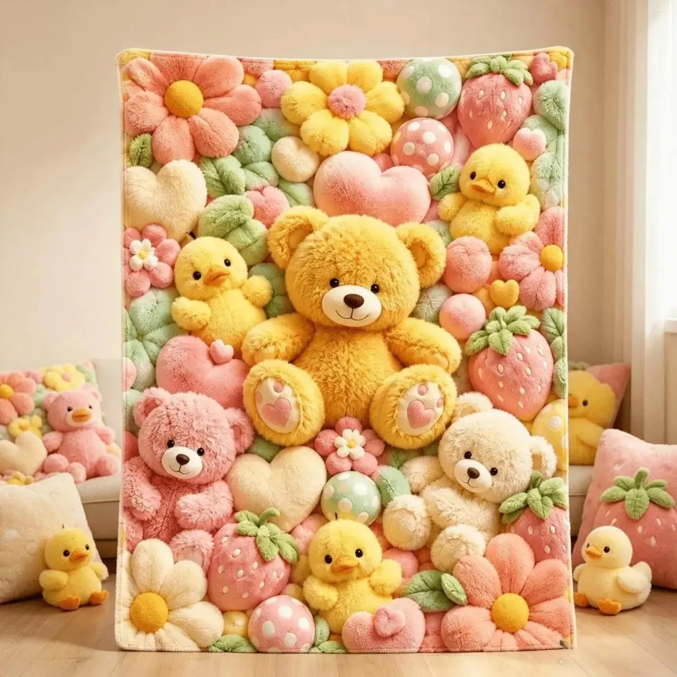 Cute Pastel Kids Flannel Throw Blanket,Teddy Bear Duckling Strawberry Heart Blanket with Spring Floral Print Design, Soft Cozy Lightweight Blanket for Bed Couch Sofa Dorm Room Home Decor, Girls Toddlers Adults Kawaii Gift, Birthday Holiday Present for Bed
