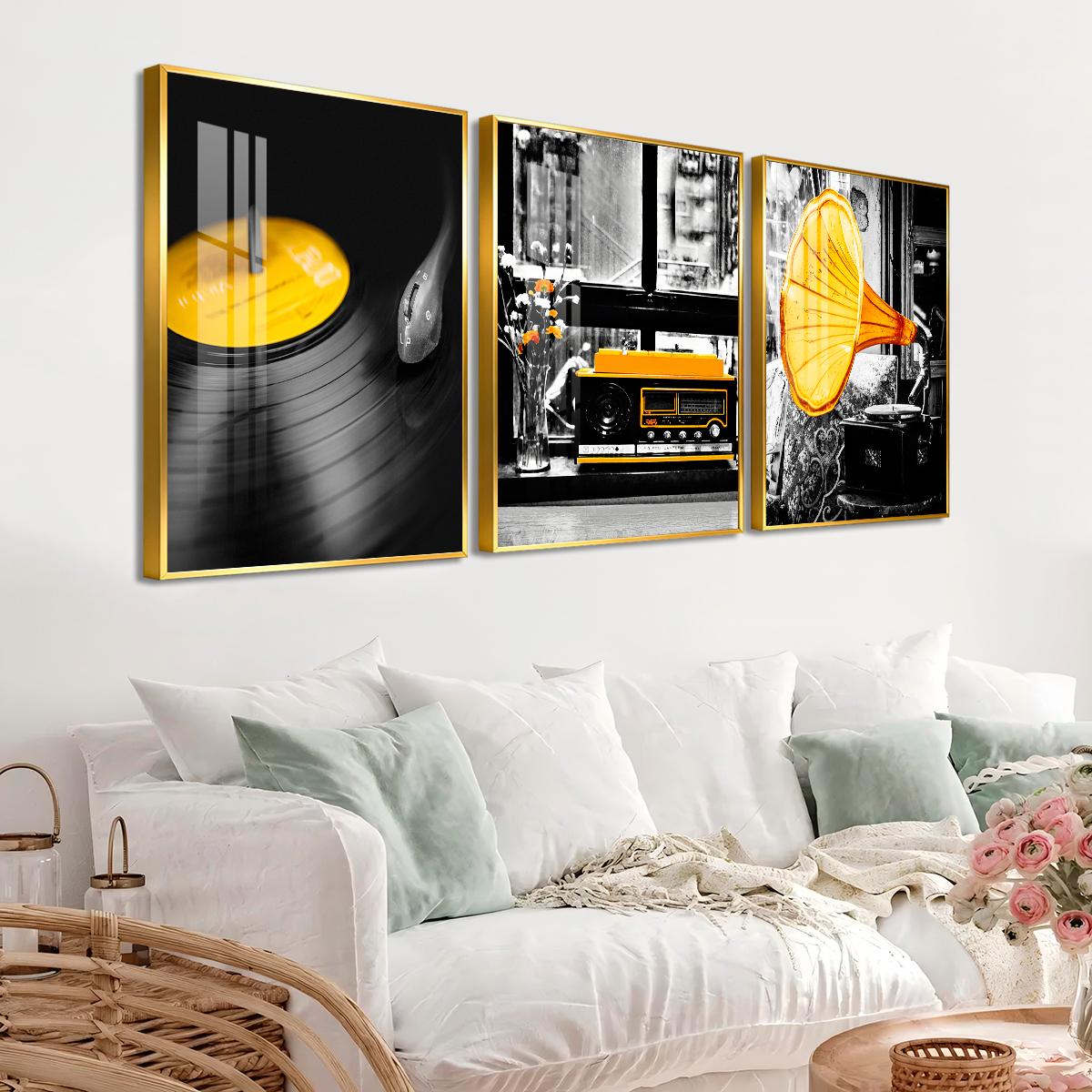 3 Counts Aluminum Alloy Framed Painting, Retro Vinyl Record Radio And Gramophone Pictures, Home Decoration For Living Room, Bedroom, Office, Restaurant, Hallway Wall Decor, Odorless Print Artwork, Luxury Perfect Gift For Friends And Family