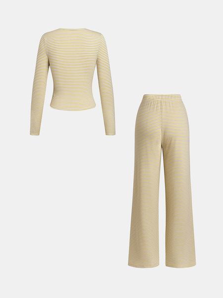 Women's Striped Print Long Sleeve Tee & Pants, Casual Two-piece Set for Daily Wear, Ladies Two-piece Outfits for All Seasons