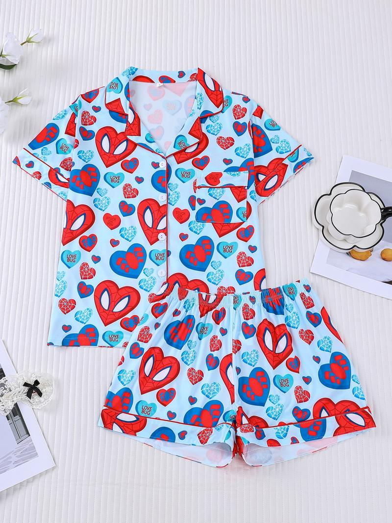 2-piece Valentine's Day Women's Blue Bottom Full of Spider Web Love Spider Love Cartoon Character Pattern Printed Short Sleeve Shorts Soft and Comfortable Top Small Pocket Elastic Waist Head Suitable for Four Seasons Home Daily Casual Pajama Set