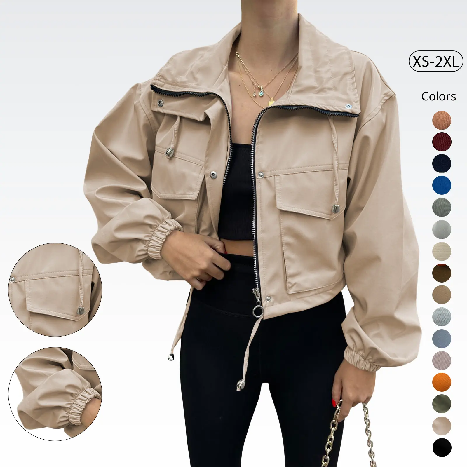 Tankaneo Womens Cropped Jacket Zip Up Lightweight Oversized Utility Anorak Coat with Pockets