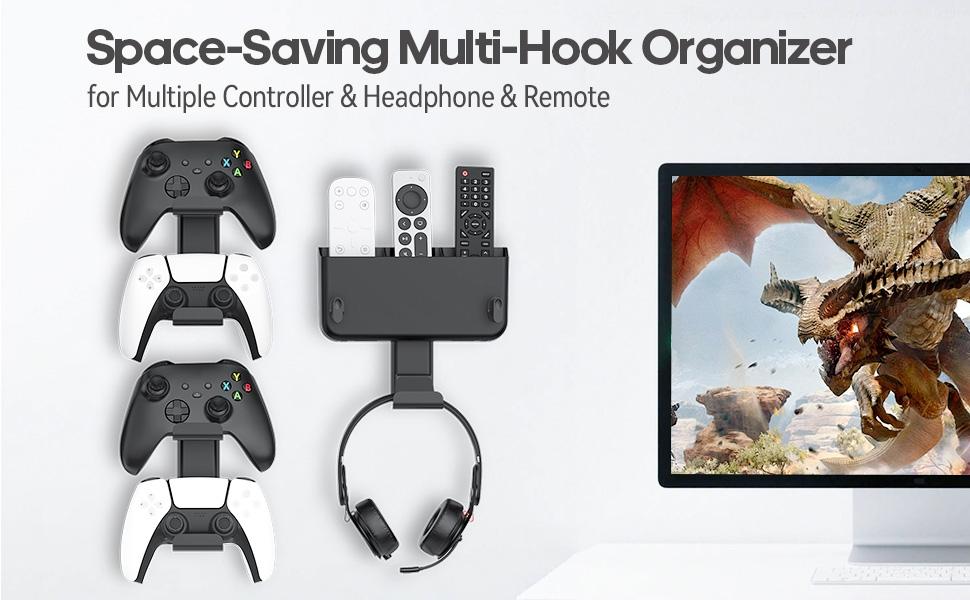 Controller & Headset & Remote Holder Wall Mount with No Drill, 2 Packs Gaming 4 Controllers Hanger Hook Mount for PS5/PS4/XBOX/Switch, Headphone Stand & Remote Control Holer Wall Shelf with Adhesives