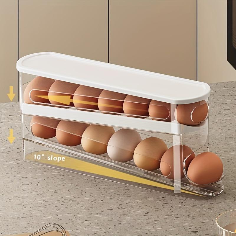 Double layer rolling egg storage box | Refrigerator side door space saving organizer | Durable polypropylene | Transparent, stackable design with easy to open lid | Perfect for home use, refrigerator egg rack