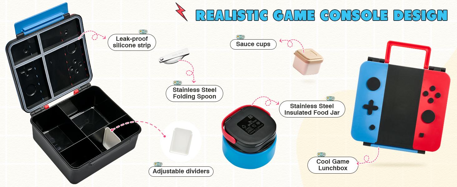 [Summervibes]Pawtong Game Bento Box for Kids, Lunch Box with Thermo(9oz Food Jar), Folding Spoon, Removable Divider & Sauce Cup, Lunch Box Kids for School,Travel, BPA-Free & Realistic Shape