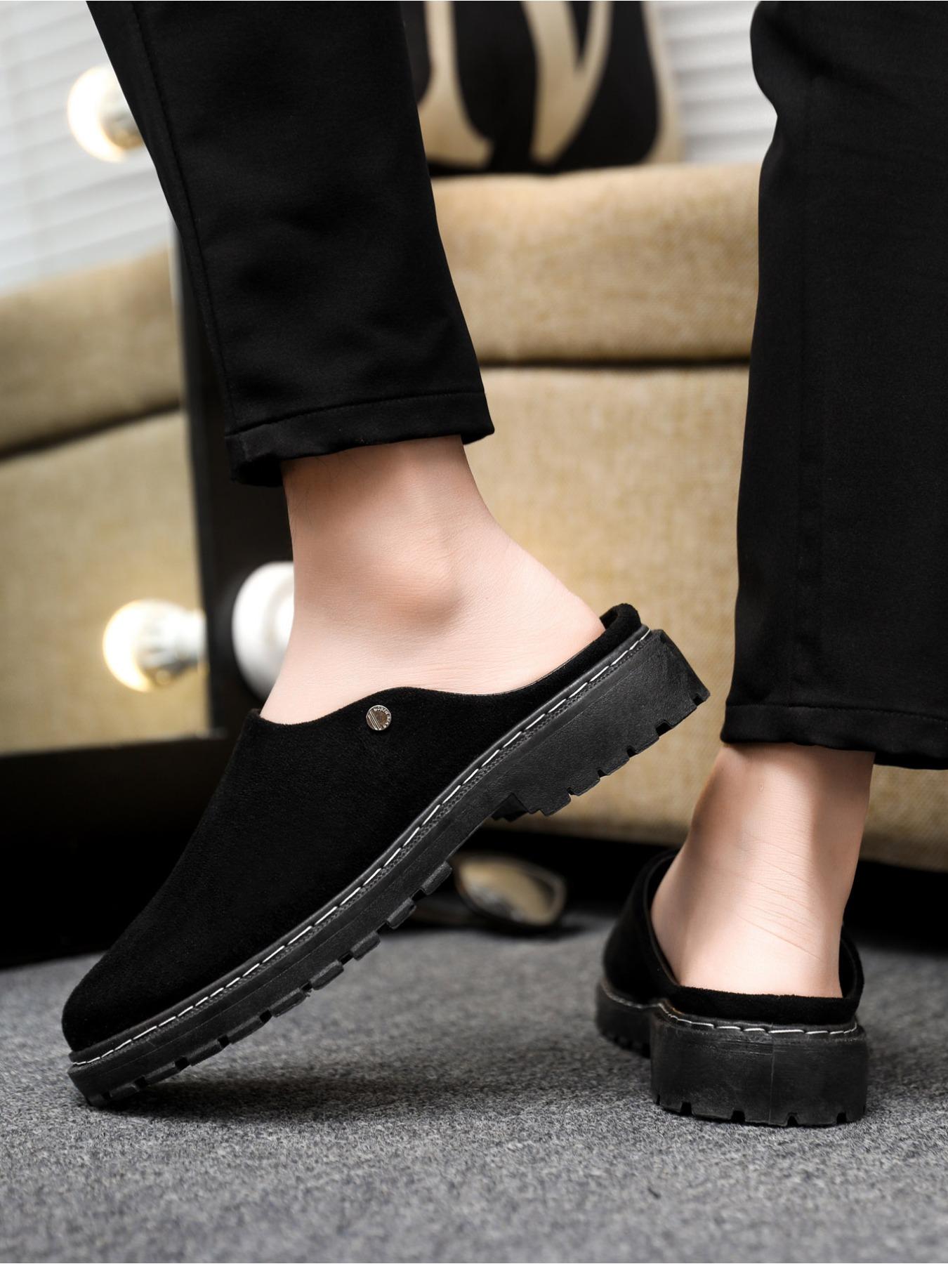Black frosted toe cap mules - thick-soled, flat-heeled casual commuting men's loafers, Birkenstocks