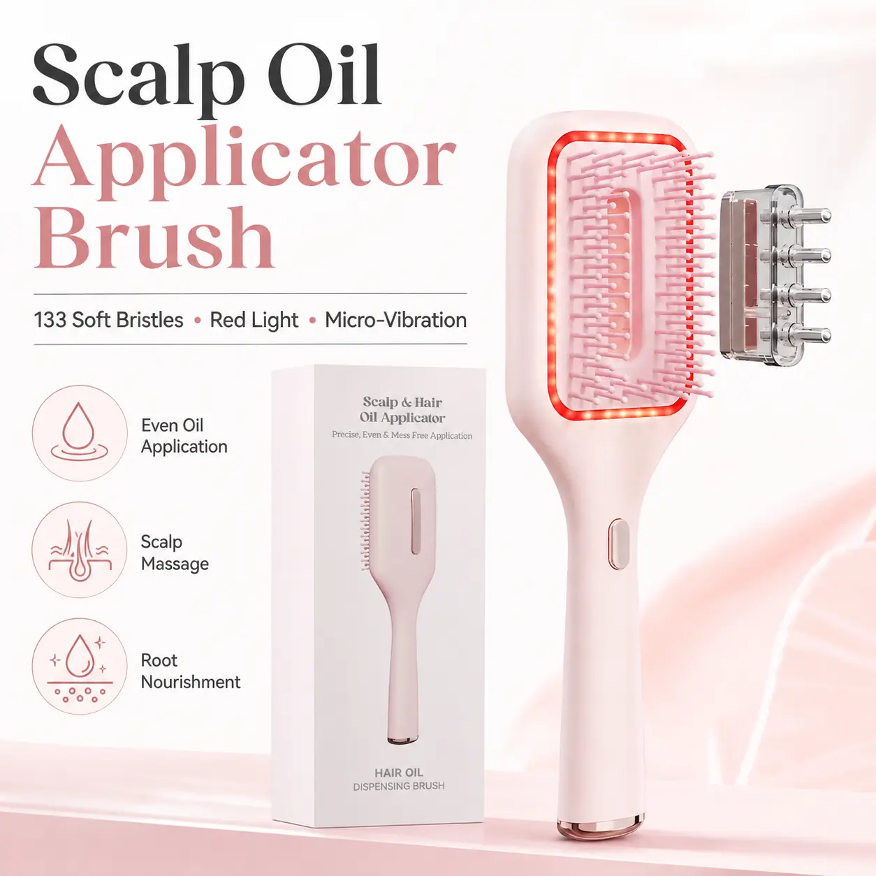 Pink Electric Scalp Oil Applicator Brush with 133 Soft Massage Bristles, Red Light and Micro-Vibration Technology, Precision Serum Dispenser for Even Hair Oil Application, Daily Scalp Massage, Root Nourishment and At-Home Hair Care