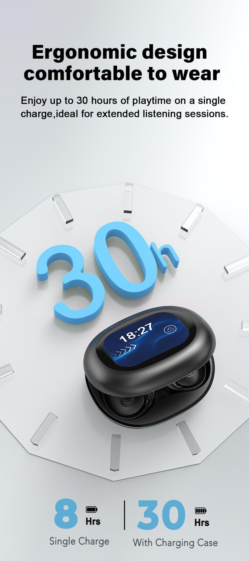 MINISO MS189 Wireless Earphones,Stereo HIFI Sound Earphones,Full Color Display Touch,Up to 48 Hours Power ,Ultra-Comfort Wireless Headphones,For Gym Running Workout