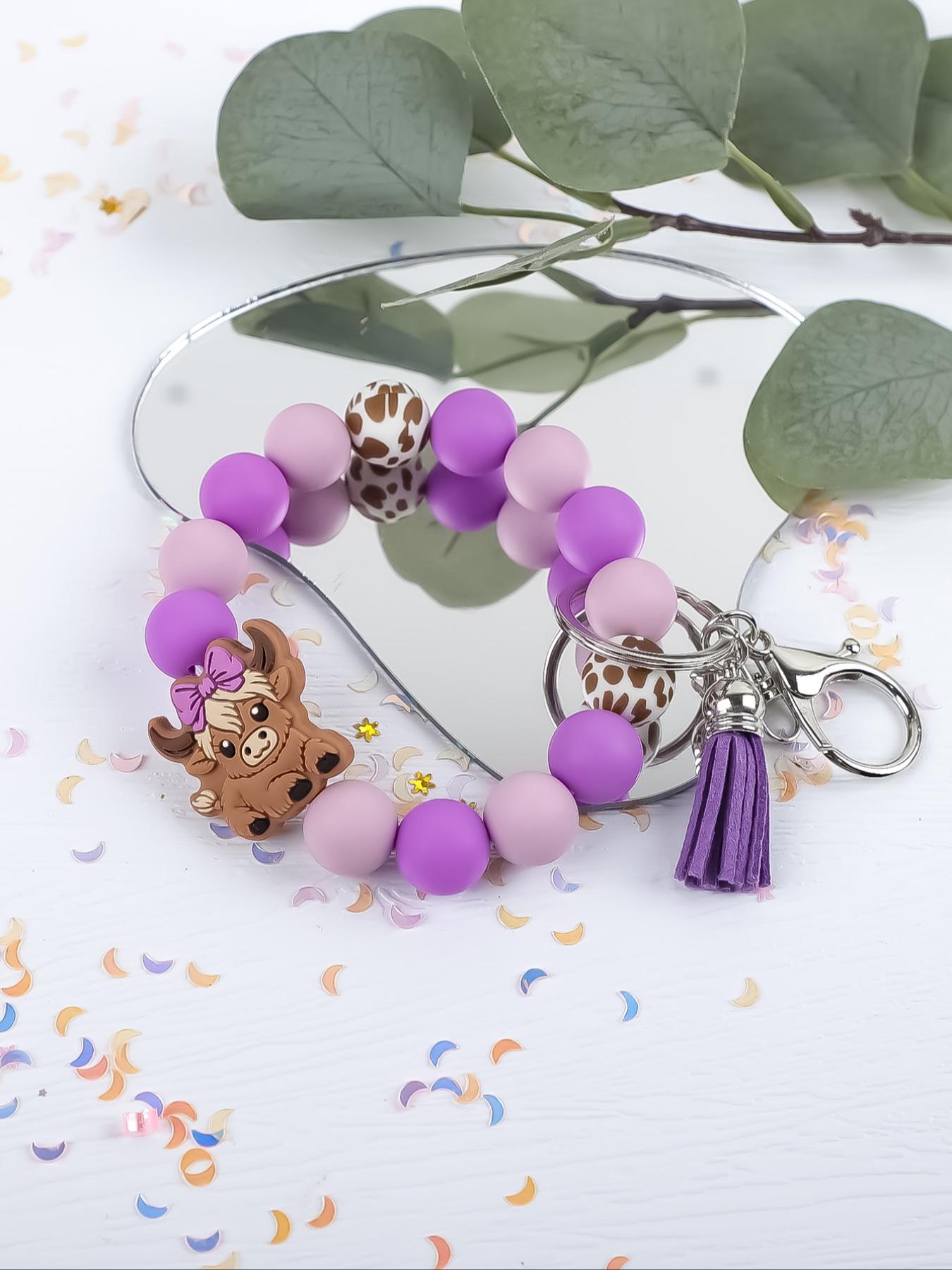 Cute Farm Style Beaded Wrist Keychain, Multiple Colors Available, Spot Pattern Beads with Bow Cow Design, Perfect Gift for Friends & Family