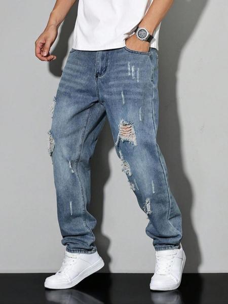 Men's Ripped Denim Jeans, Fashion Street Style, All-Season Wear, Trendy Hole Design, Comfortable Fit, Stylish Men's Clothing