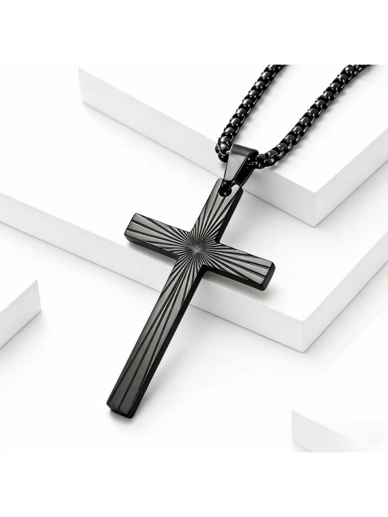 Sunburst Cross Pendant Necklace - Stainless Steel Titanium Chain for Men/Women