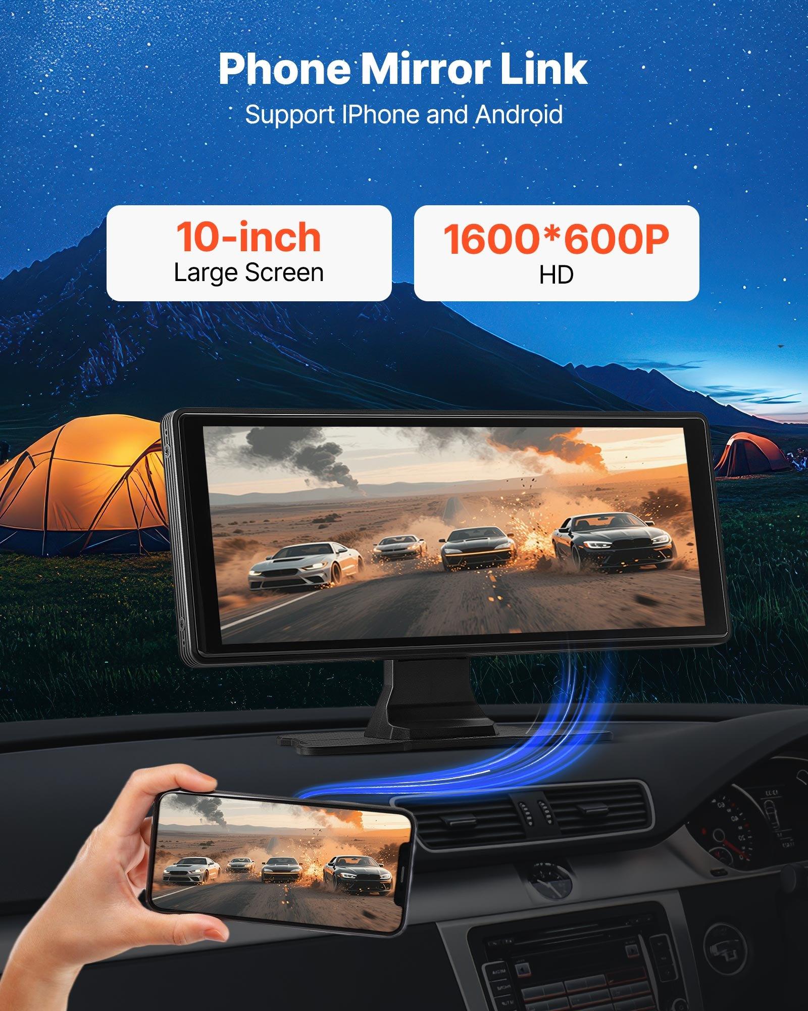 fathersdaygift  VEVOR Wireless Car Stereo, 10-Inch HD Portable Radio Touch Screen with Apple CarPlay and Android Auto, CarPlay Screen with Front Backup Cameras, Voice Control, Mirror Link, Bluetooth, GPS Navigation