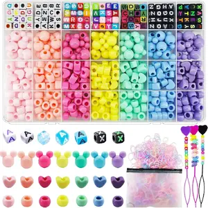 1605 Pcs Hair Beads for Braids for Girls with Elastic Rubber Band Threaders Kit, Candy Color Acrylic Mickey Heart Star Alphabet Cube Beads Pastel Pony
