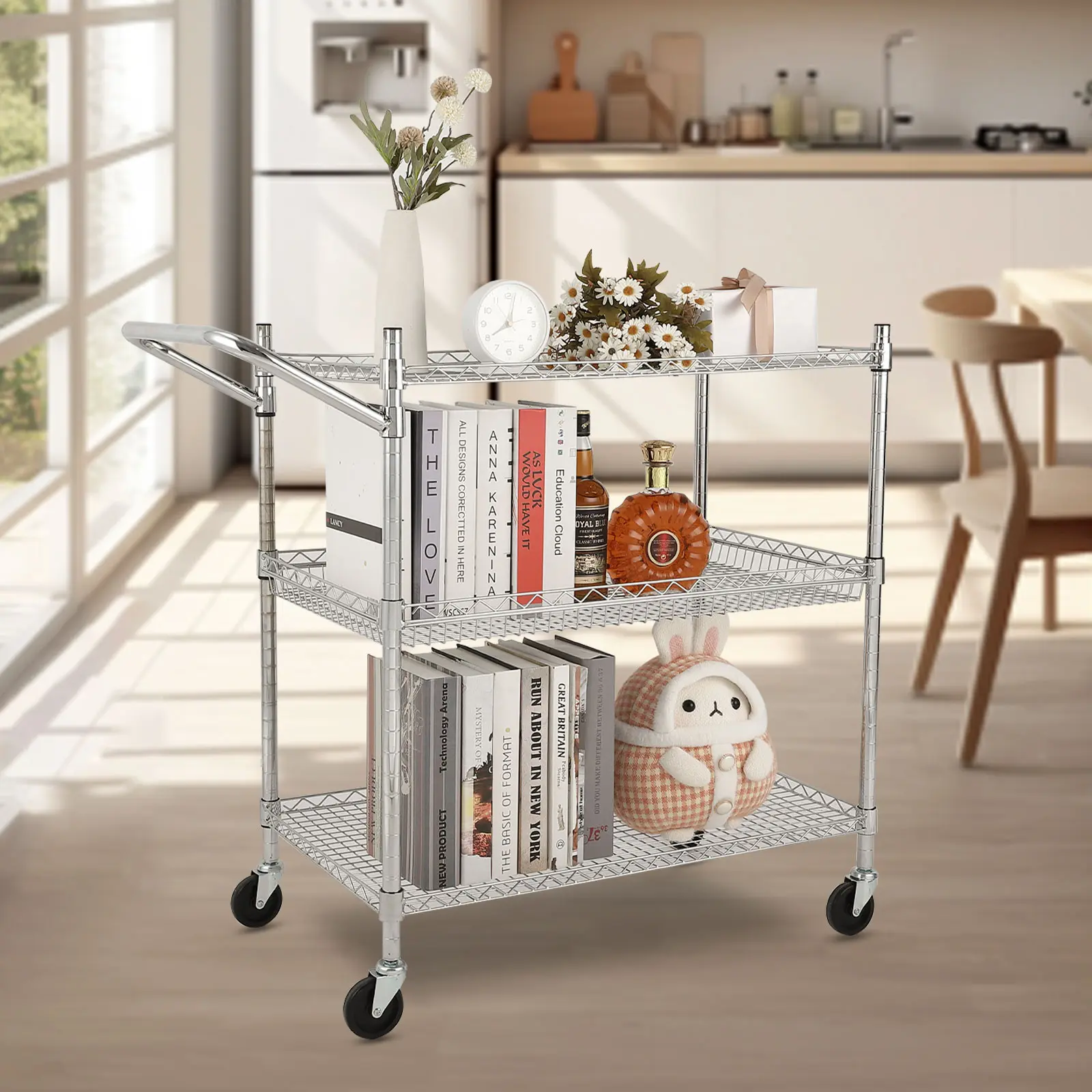 2/3-Tier Utility Rolling Cart with Wheels, 1500LBS Capacity Heavy Duty Tool Storage Utility Carts with Handle Bar, Commercial Grade Metal Serving Cart, for Restaurant Garage Warehouse Kitchen