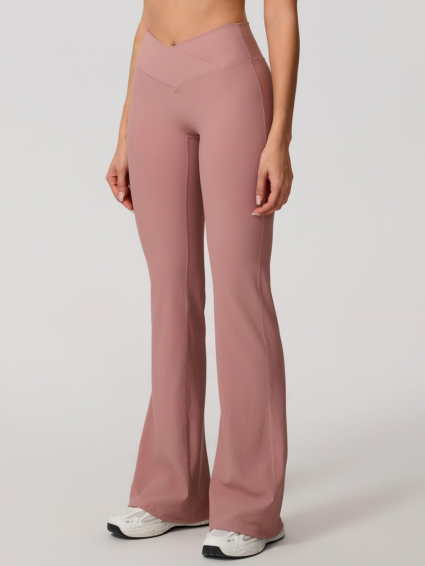 Women’s High Waist Ribbed Flare Yoga Pants, Soft Slim-Fitting Tummy Control Plain Leggings, Stylish Sporty Design with Cross Front Details