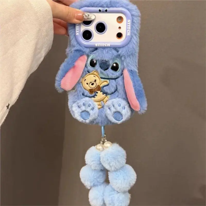 Cute Plush Stitch Cartoon Phone Case for iPhone 13 14 15 16 17 Pro Max Air with Hanging Rope Shock-Absorbing Protective Cover