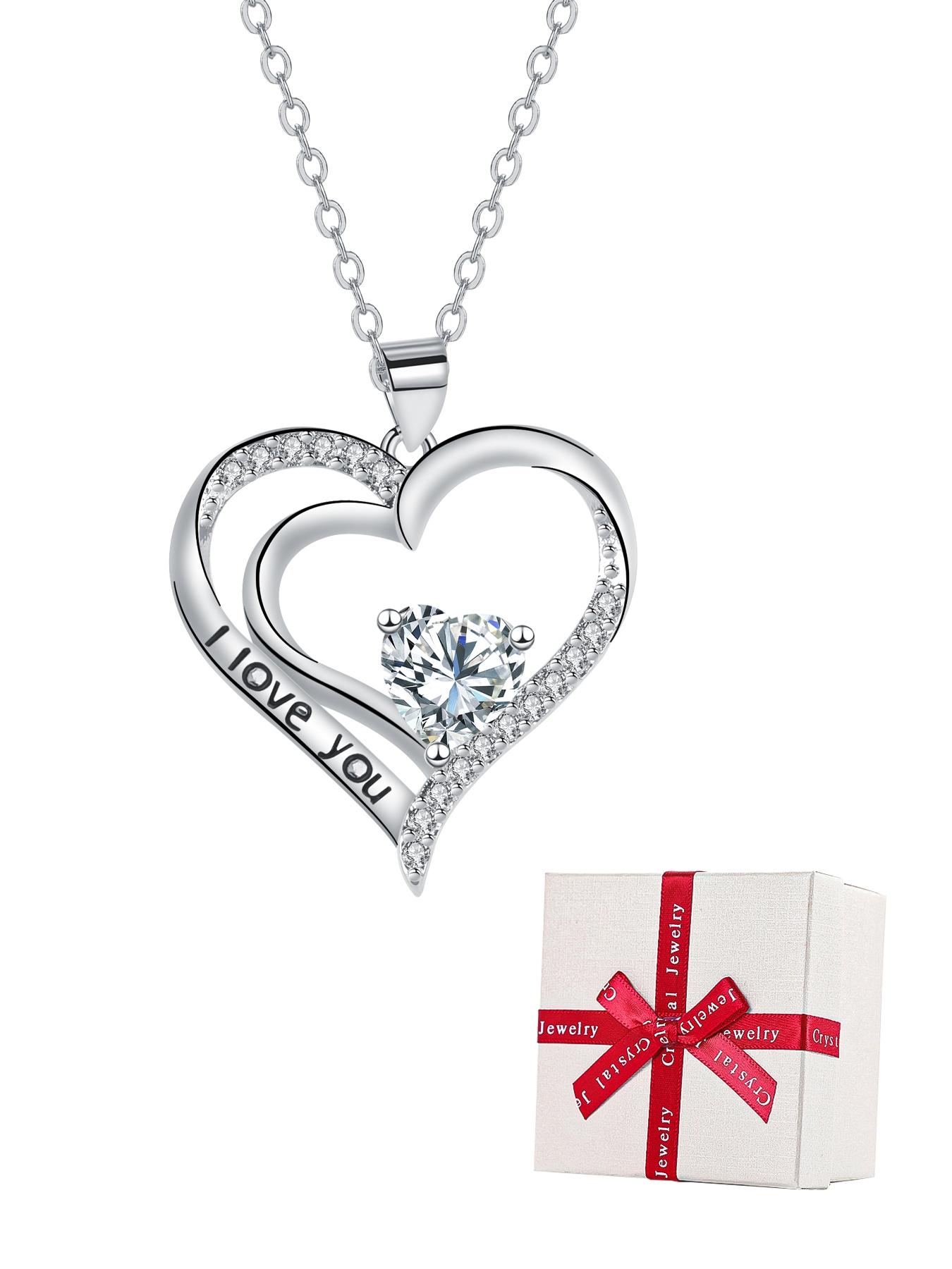 Heart Shaped Cz Birthstone Necklace, I Love You Pendant, Mos Bear Rose Jewelry Gift Box, Girlfriend Birthday Anniversary Present, Exquisite Jewelry Gift