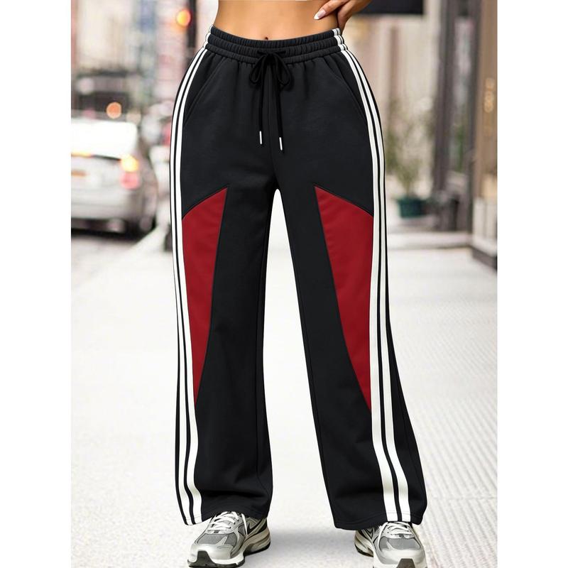 Men's Retro Street Style Wide-Leg Athletic Casual Pants - Full-Length Casual Jogging Pants with Contrast Panels, Side Stripes, Elastic Drawstring Waist, Side Pockets for Street Strolls, Gym