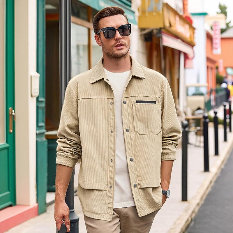 Men's Classic Vintage Corduroy Button-Front Trucker Coat - Menswear, Lapel Collar, Functional Patch Pockets, Relaxed Fit, Soft Fabric Lightweight Shacket for Casual Layering, Street Fashion