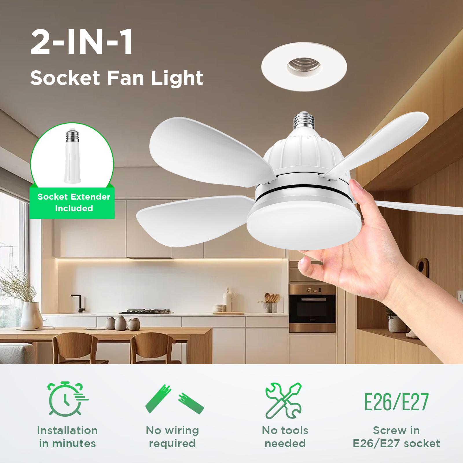Socket Ceiling Fan Light with Remote Control, Portable Small Ceiling Fans with Lights, E27 Base Dimmable LED Energy-saving Lights  for Bedroom, Kitchen, Living Room