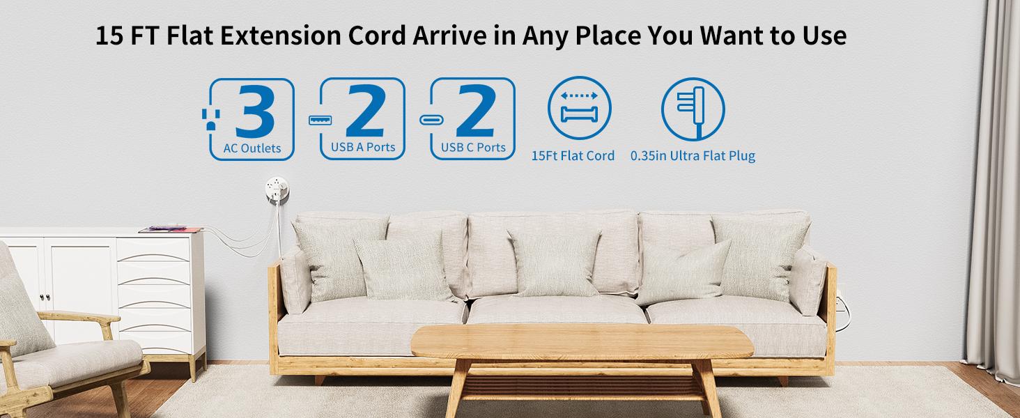 Power Strip with USB Ports NTONPOWER Flat Extension Cord 5 Ft/10 ft/15 ft/25 ft Flat Plug Power Strip Flat Cord with 3 AC Outlet & 2 USB C + 2 USB A for Home Office Nightstand Cruise Ship Black White Pink