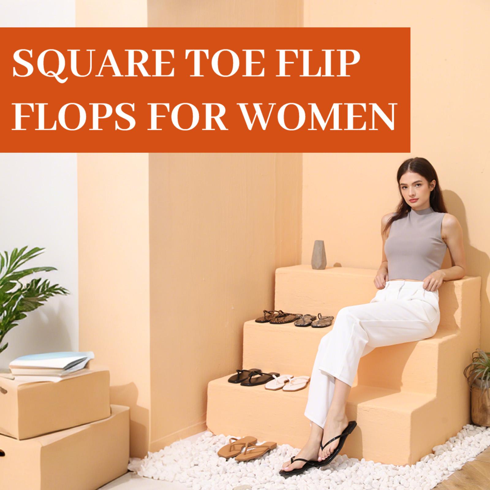 Women's Flip Flops  Black Square Toe Flat Sandals for Women  Comfortable Thong Sandals Fashion Sandals for Women 2026  Vegan Leather Lightweight Summer Beach Sandals  Dressy Vacation Essentials Slides