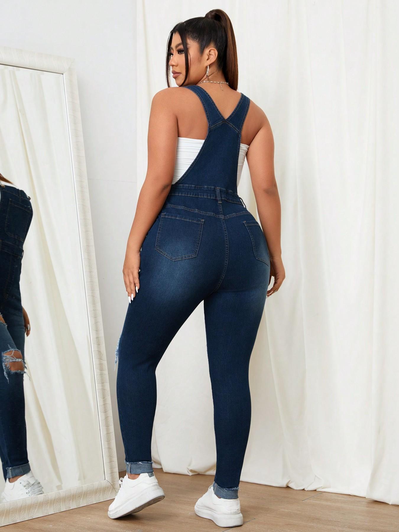 Women's Sweet Cool Denim Strap Jumpsuit, Boho Ripped Design Loose Fit Slimming Overall, Dark Color Casual Home Essential Bohemian Womenswear