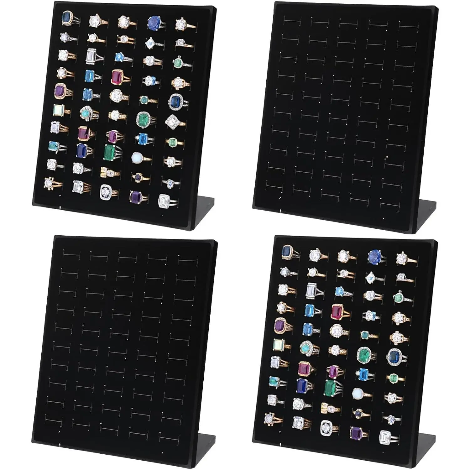 4 Pack Velvet Ring Display Stand with 200 Slots (50 Slots/Pack), L-Shaped Jewelry Organizer Tray for Selling Rings & Earrings – Black