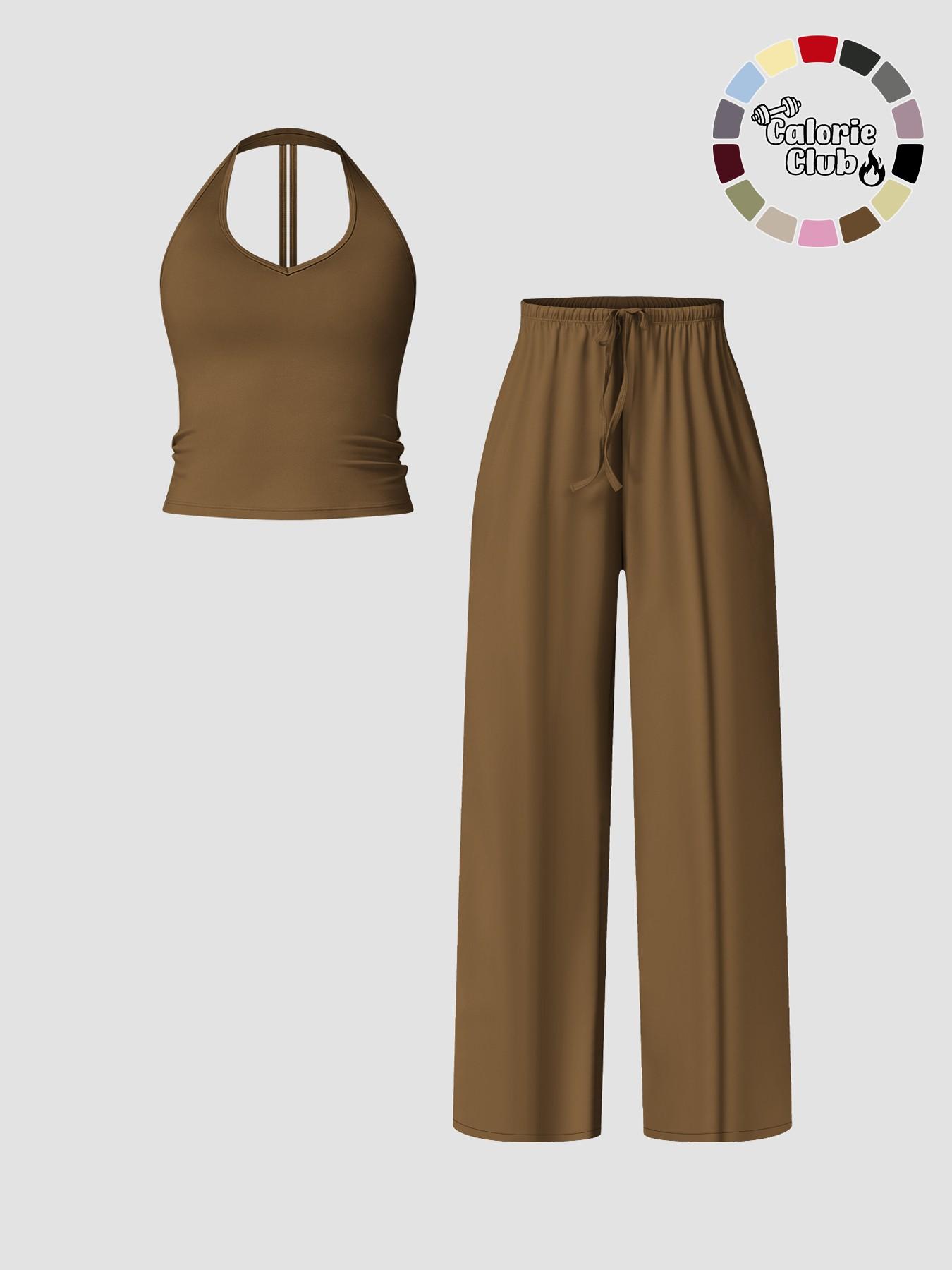 Women's Quick-Dry Sports Tank Top, Casual High-Waisted Bell Bottoms, Comfortable Sporty, All-Season Plain Style, Casual Sportswear Set, Casual Sportswear Outfit