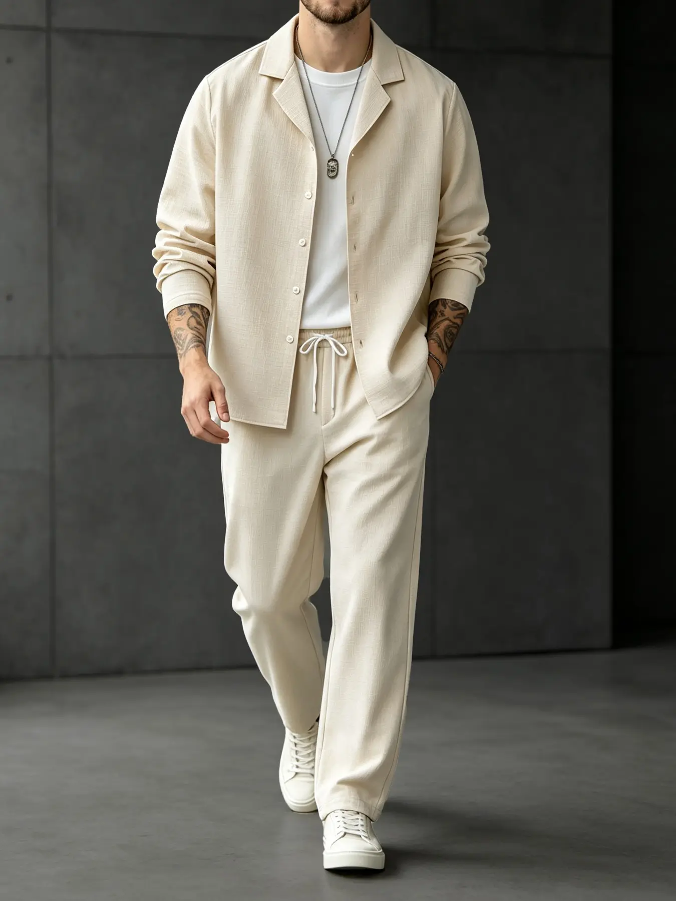 Men's 2-Piece Set, Light Apricot Textured Suit Jacket Long Sleeve & Drawstring Pants, Casual Slim Fit, Breathable, Fall Winter