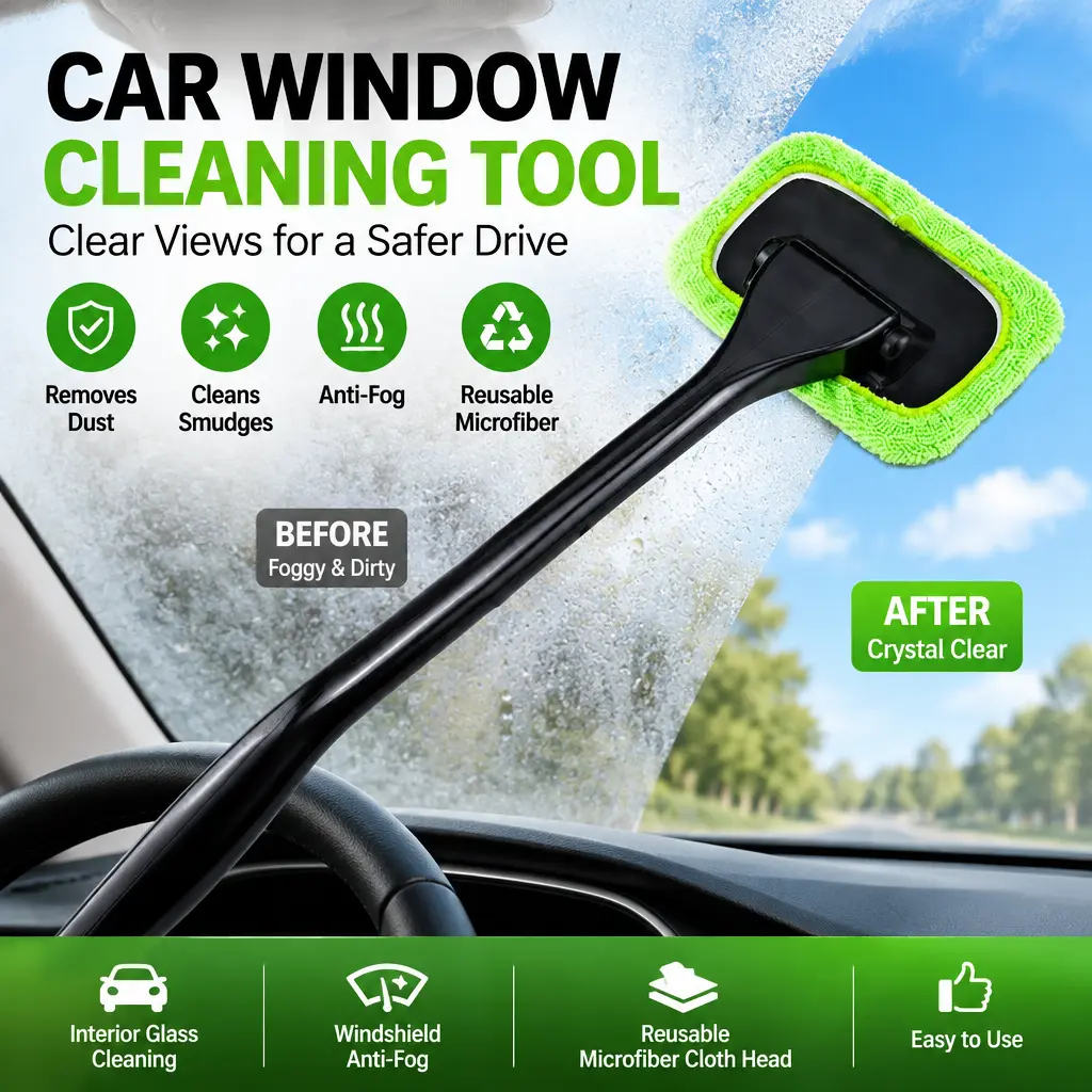 Car Window Windshield Cleaning Wiper Brush, Anti‑Fog Smudge Remover Tool, Washable Microfiber Head for Easy Interior Glass Dust and Fingerprint Cleaning