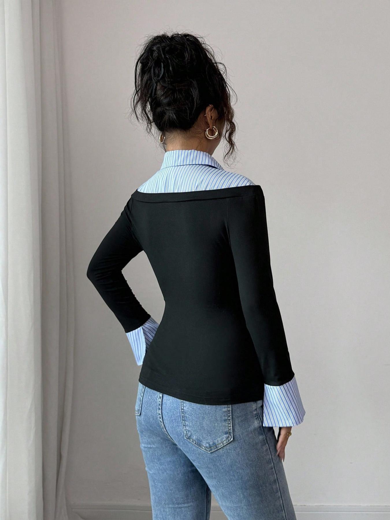 Women's Fake Two-Piece Off-Shoulder Shirt Collar Long Sleeve Top, Commute Style Slimming Fake Two-Piece Top, Essential Daily Commute Outfit
