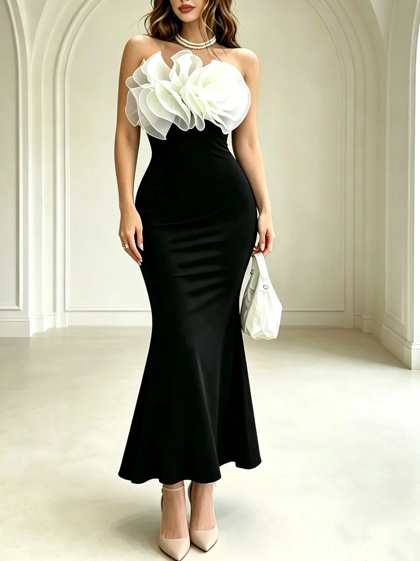 Women Luxury Elegant Strapless Sleeveless Mermaid Floor Length Maxi Dress, Large Floral Accent Slim Bodycon Formal Evening Gown, Premium Party Attire for Bridal Shower, School Prom, Dinner Party, Wedding Anniversary & Evening Social Gathering