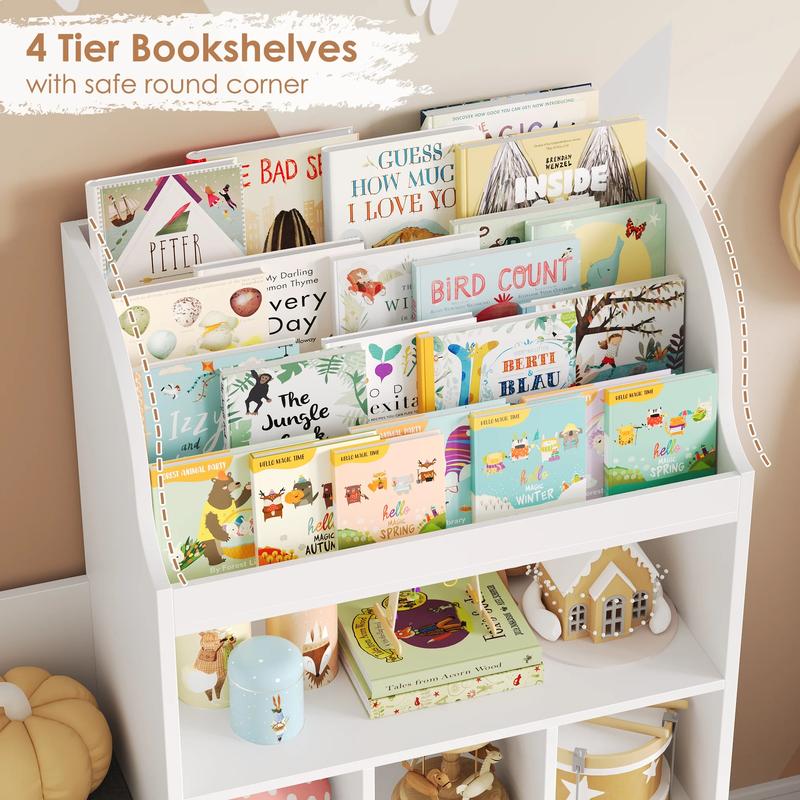 FOTOSOK Kids Bookshelf with Reading Nook, 75" W Kids Toy Storage Organizer with 2 Large Movable Drawers, Kid Bench for Playroom Kids Room Living Room