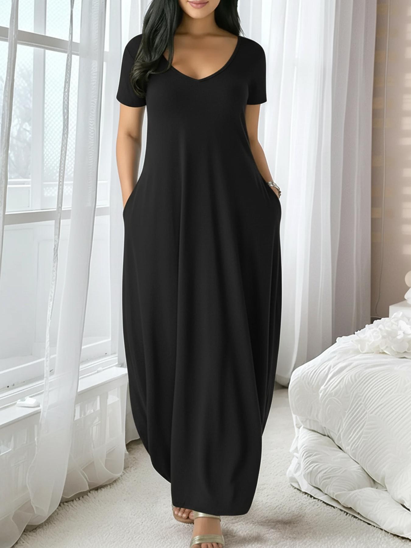 Women's Long Fitted Coffee Dress, Large Round Neck Short Sleeve Pocket Sleepwear, Casual Home Clothing Soft Fabric All Seasons Wear Women's Long Fitted Coffee Dress, Large Round Neck Short Sleeve Pocket Sleepwear, Casual Home Clothing Soft Fabric All Seasons Wear