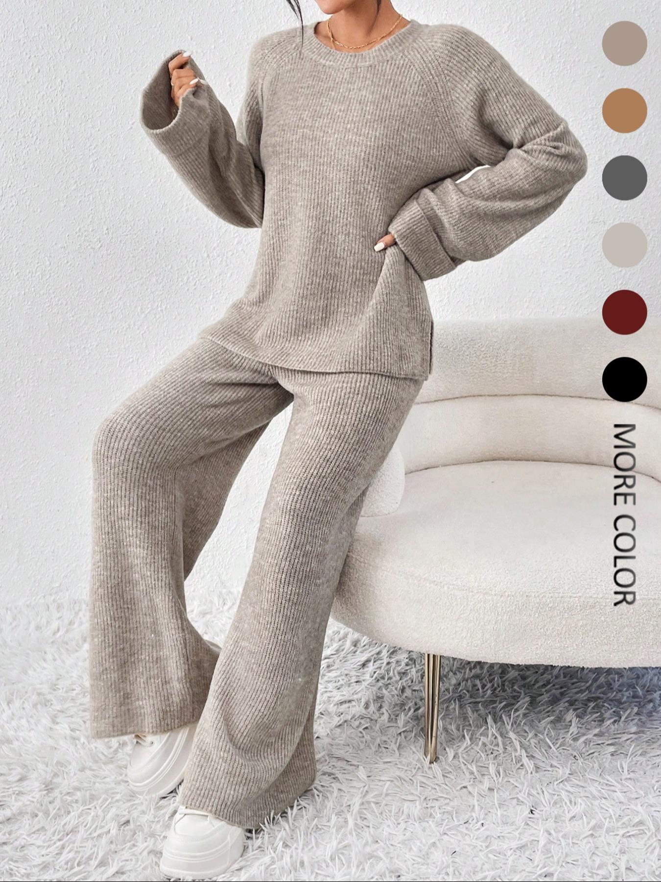 Women's Raglan-Sleeve Split Loose Long Sleeve Sweater & Elastic-Waisted Pants Set, Basic Round-Neck Top & Pants Set, Autumn & Winter Clothing for Daily Wear