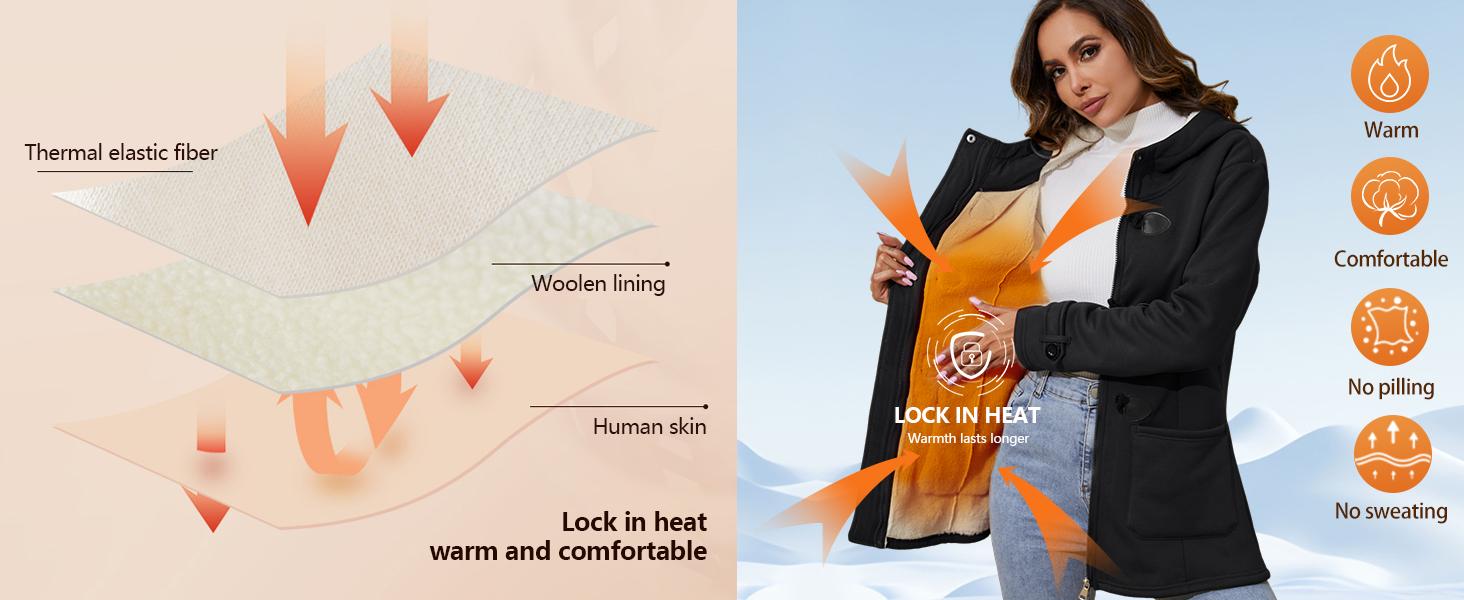 Yimoon Winter Jackets for Women Sherpa Lined Jacket Women Duffle Toggle Coat Hooded Fleece Jacket Long Sleeve Fitted