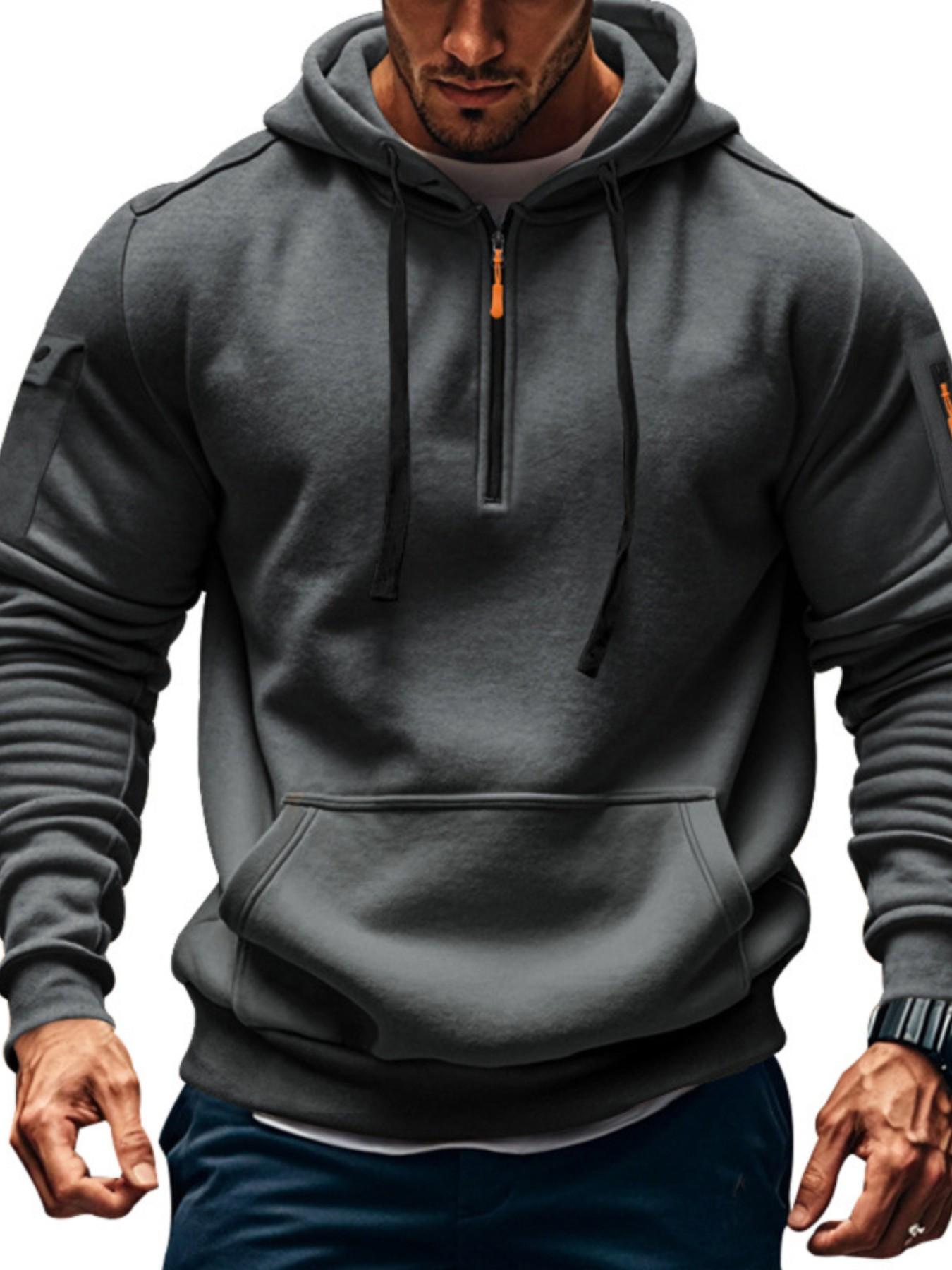 Men's Fall Winter Hooded Sweatshirt, Sporty Fitted Plaid Letter Print, Heavyweight Fleece Pullover, Casual Sports Outerwear