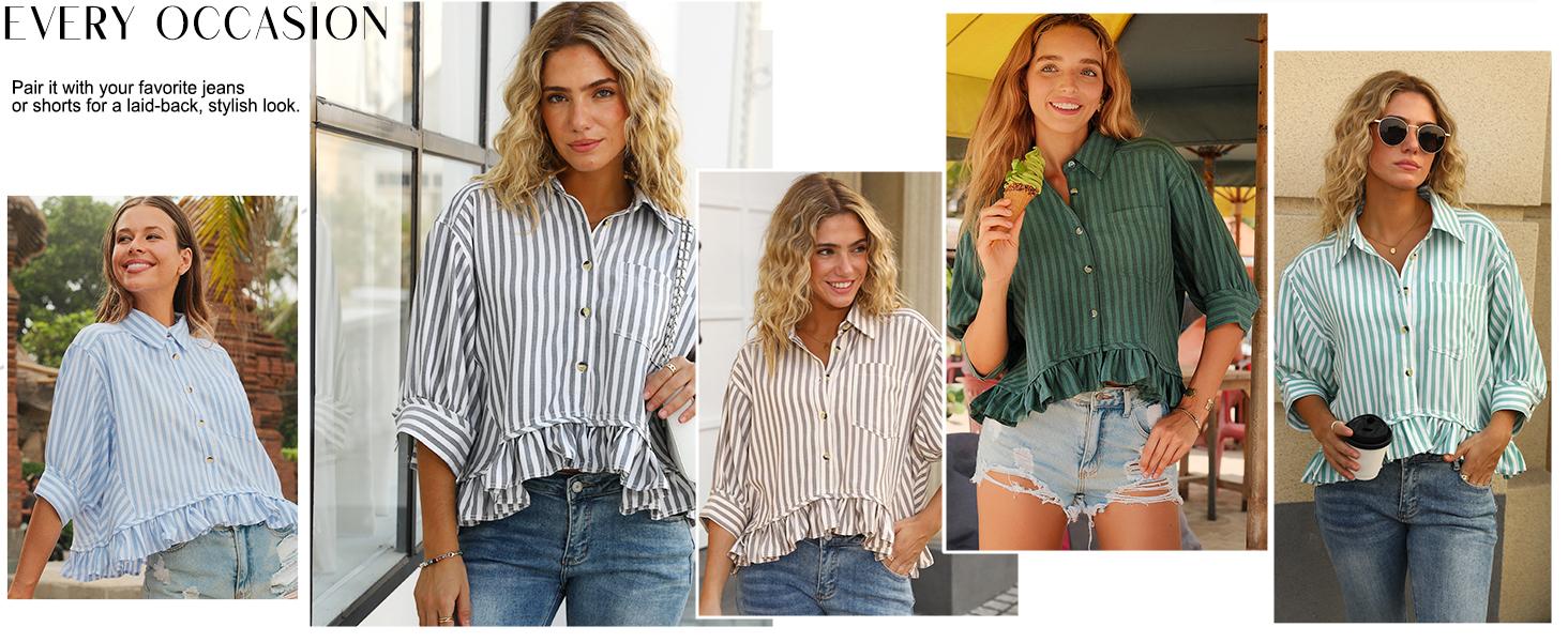 CHYRII Womens Summer Tops Dressy Casual Blouse Top Ruffled Short Sleeve Button Down Striped Shirt Black Elegant CHYRII Womens Summer Tops Dressy Casual Blouse Top Ruffled Short Sleeve Button Down Striped Shirt Black Elegant